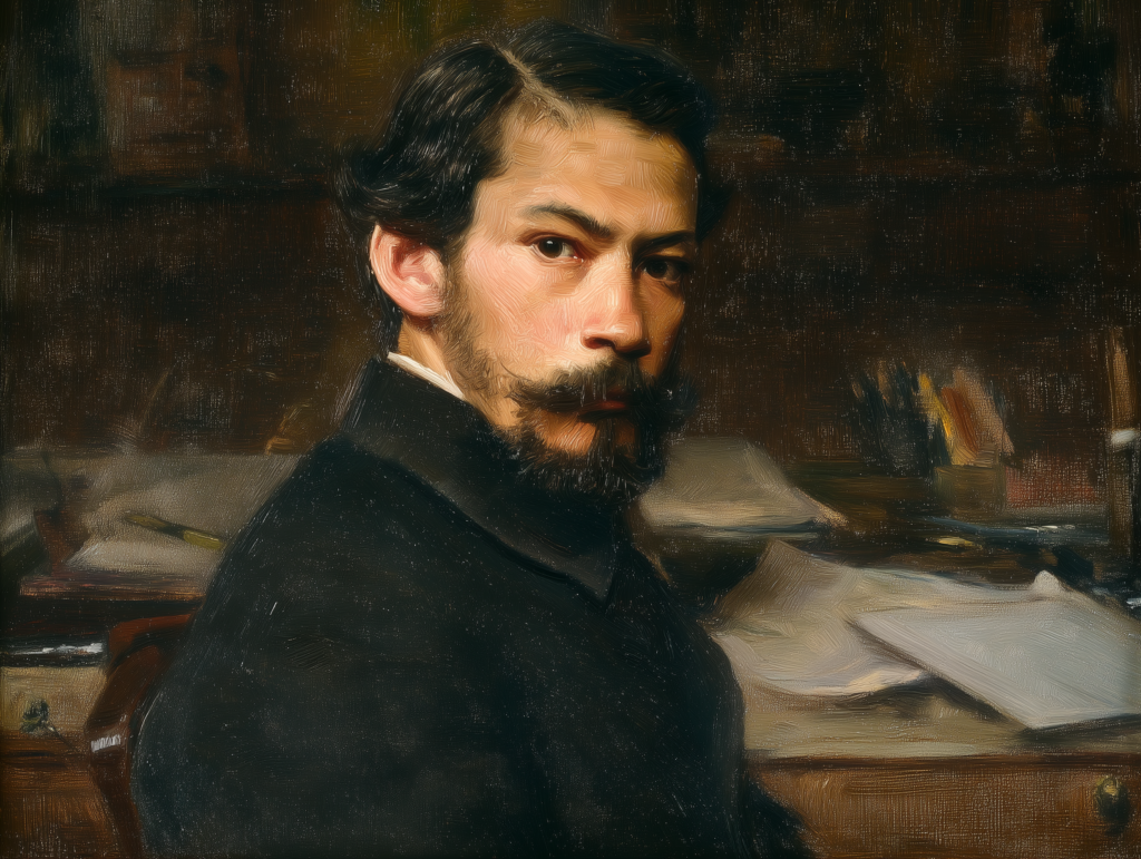 Retrato realista de Gonçalves Dias, poeta do Romantismo brasileiro, com expressão pensativa, usando traje do século XIX, em ambiente sóbrio que remete à formação da identidade nacional.