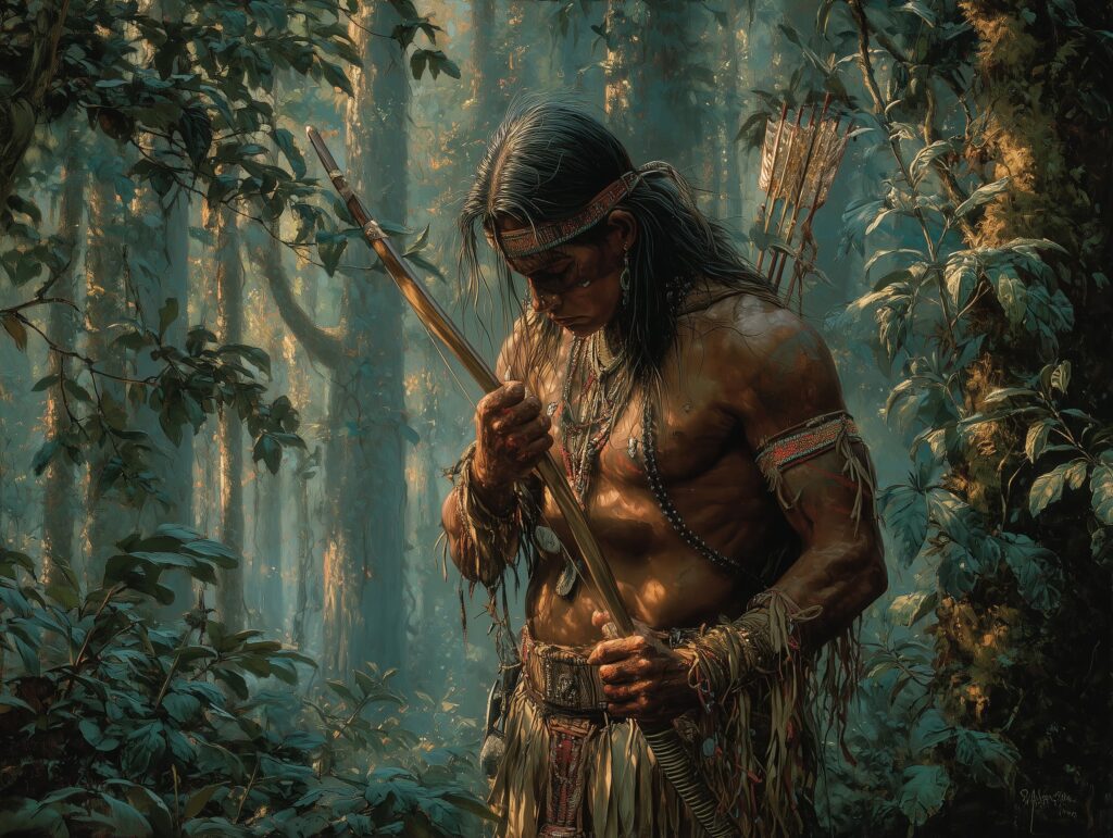 Peri em pose poética na floresta brasileira, com vestes indígenas guaranis, ajustando uma flecha.