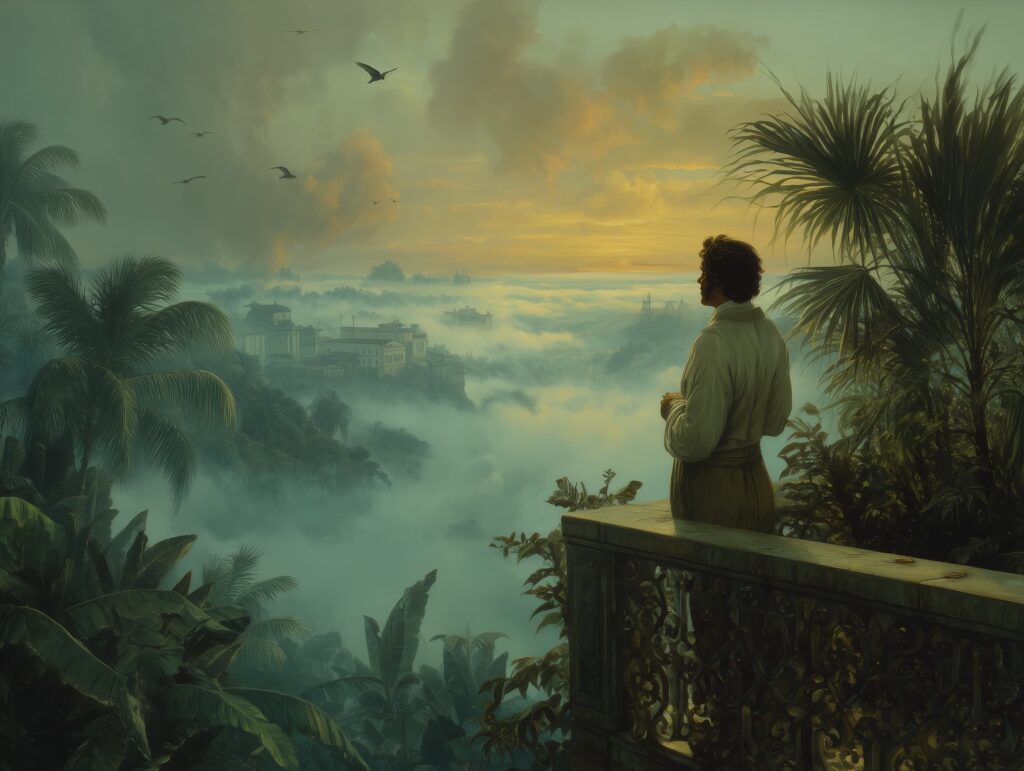 Cena artística inspirada na Canção do Exílio, de Gonçalves Dias, representando a saudade da pátria, a idealização romântica do Brasil.