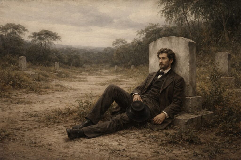 Brás Cubas encostado em uma lápide, personagem de Memória Póstumas de Brás Cubas